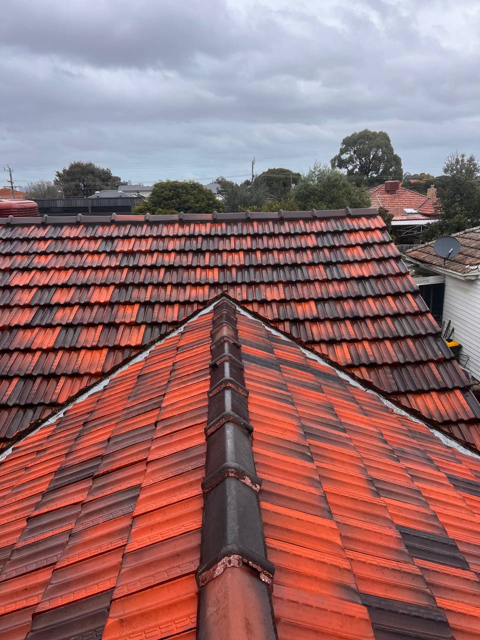 After: Restored tile roof after high pressure cleaning